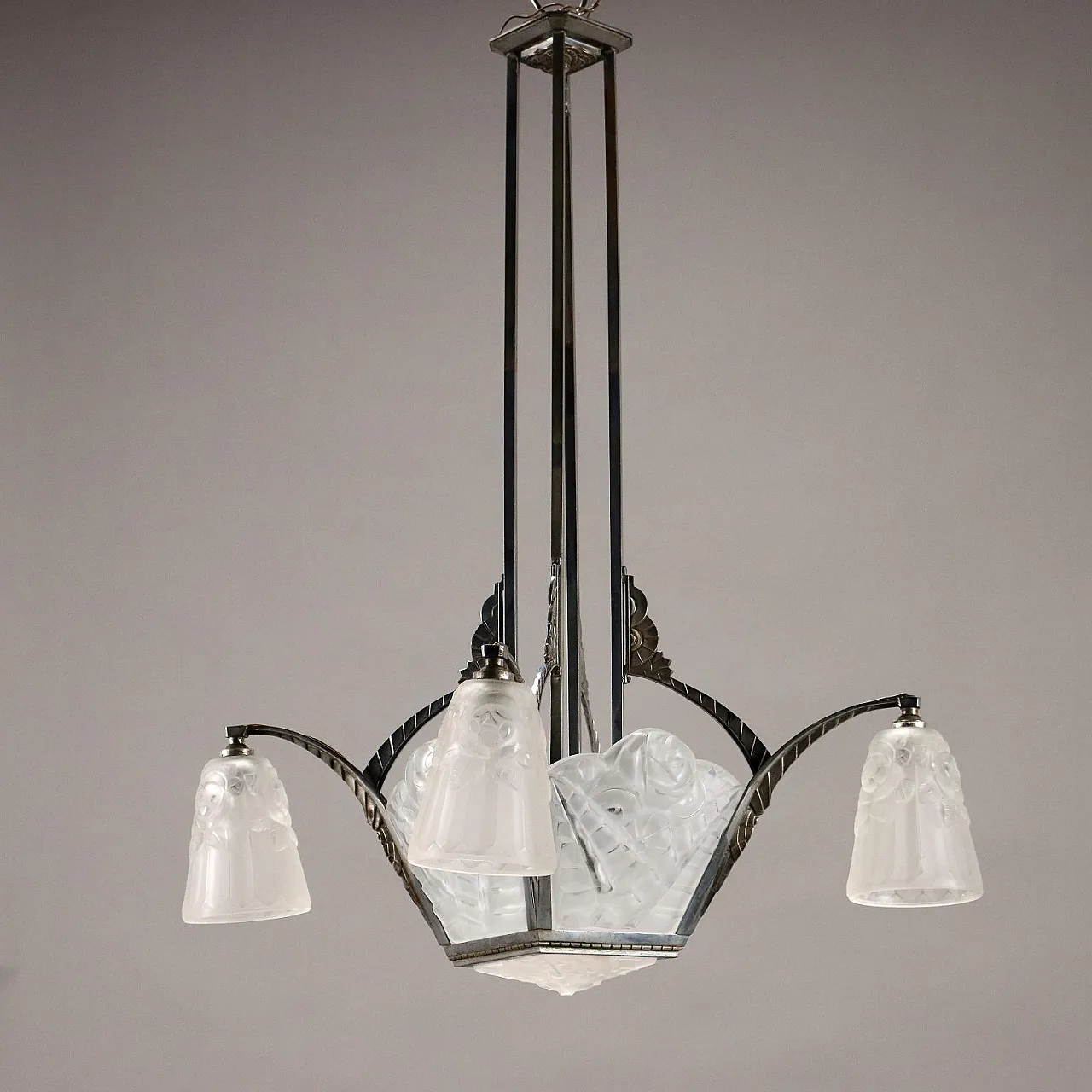 Lampadario Art Déco in ottone nichelato e vetro di Degué, anni '20 1
