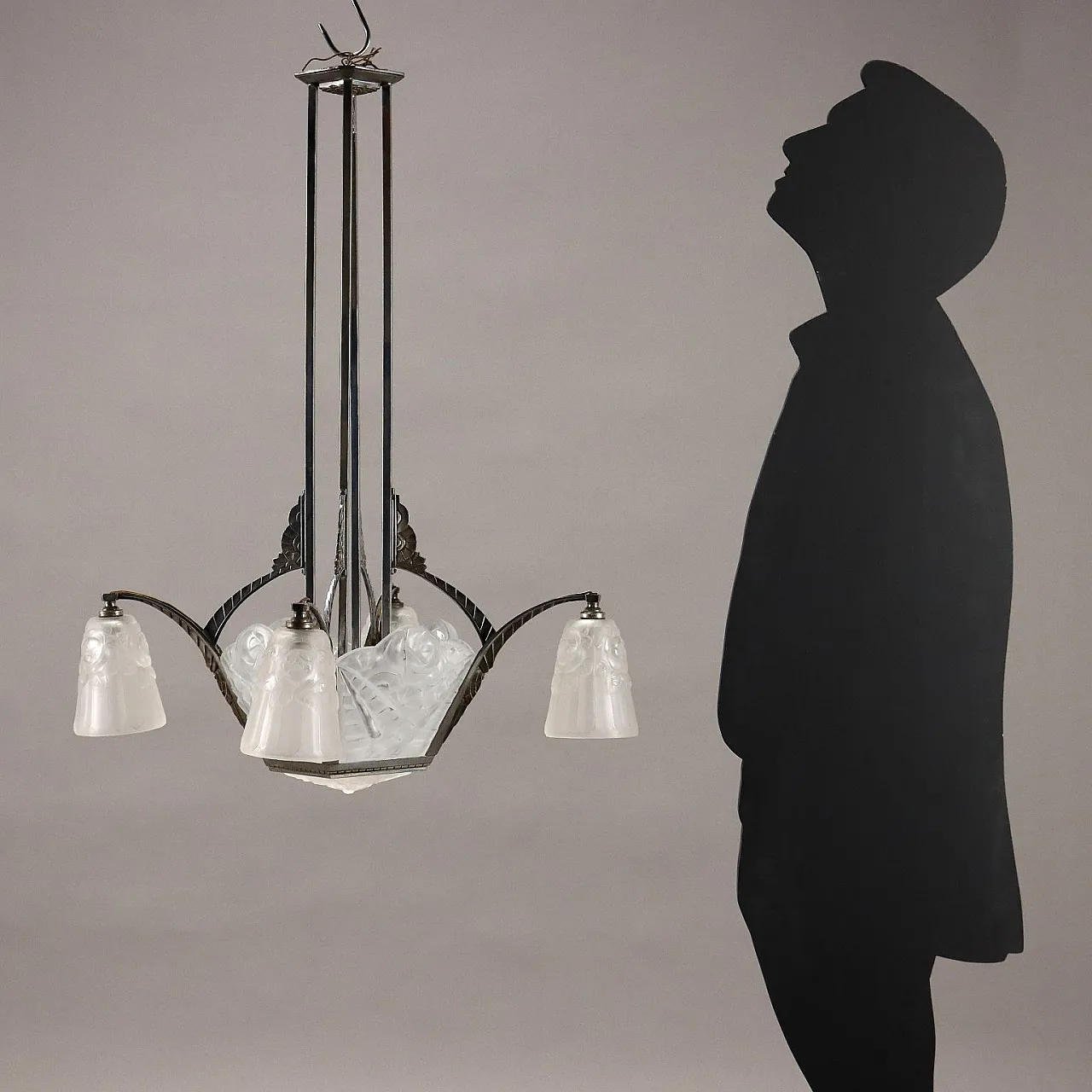 Lampadario Art Déco in ottone nichelato e vetro di Degué, anni '20 2