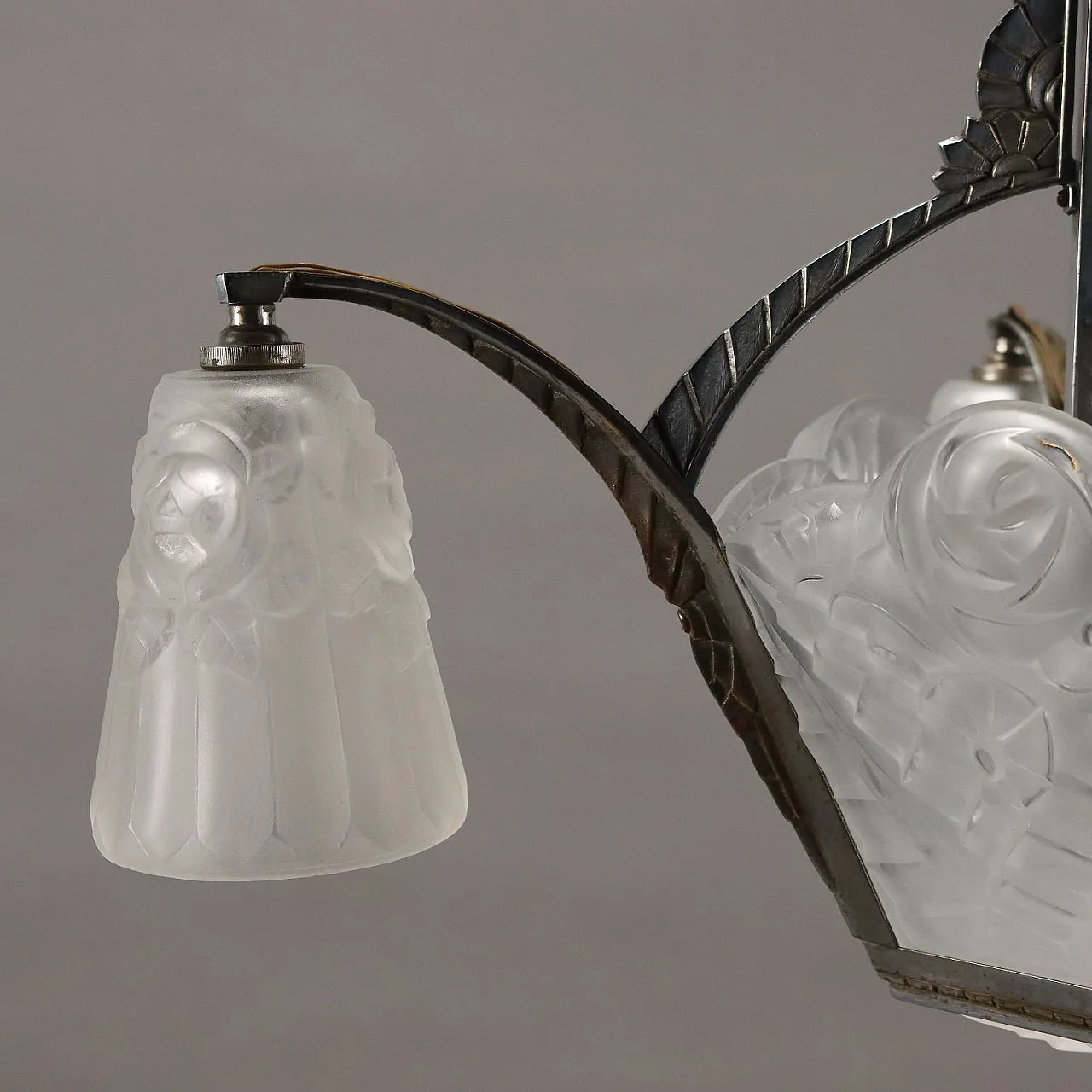 Lampadario Art Déco in ottone nichelato e vetro di Degué, anni '20 4
