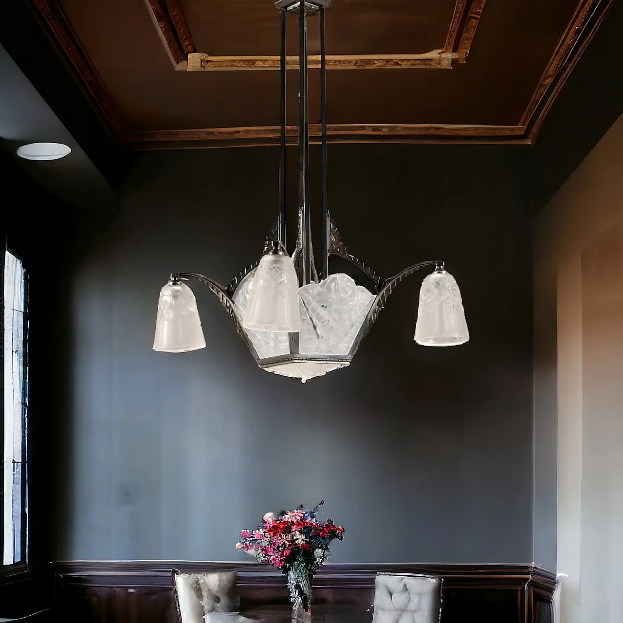 Lampadario Art Déco in ottone nichelato e vetro di Degué, anni '20 10