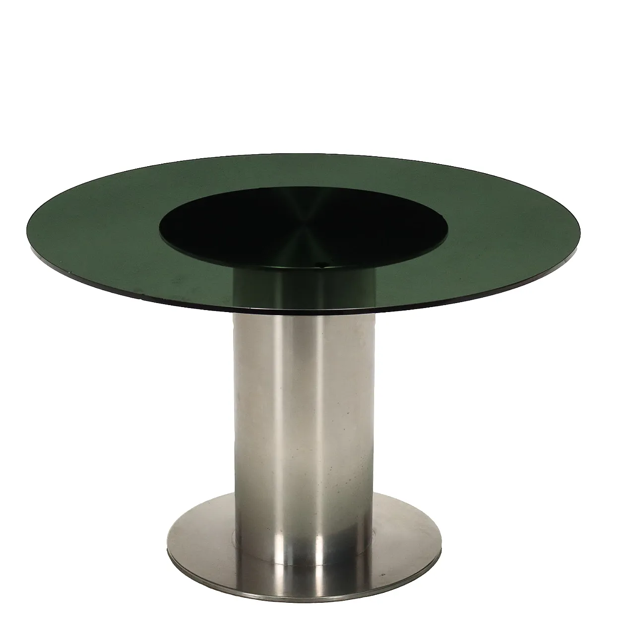 Round table in chromed aluminum and fumé glass top, 1960s 1