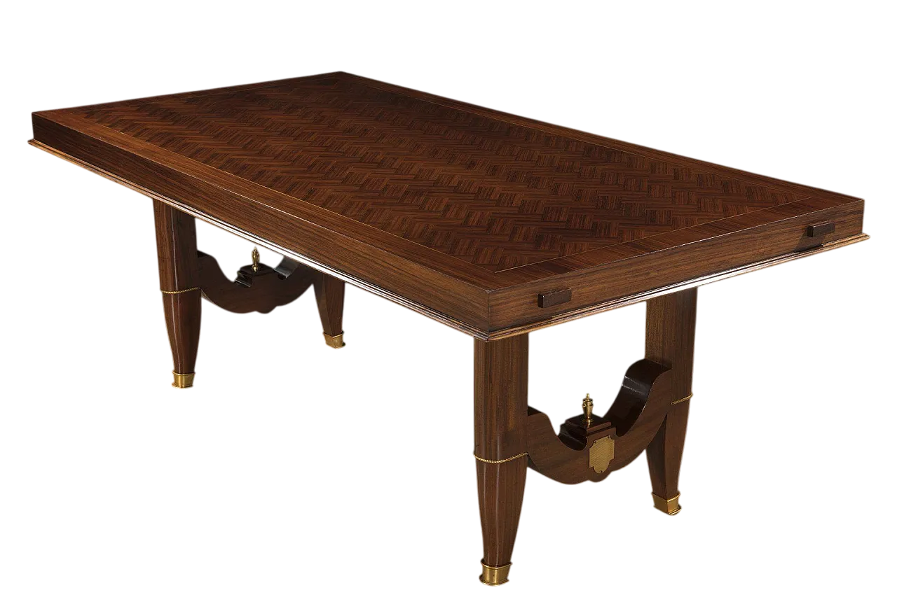 Tavolo da Pranzo Art Deco in legno intarsiato e ottone, anni '40 7