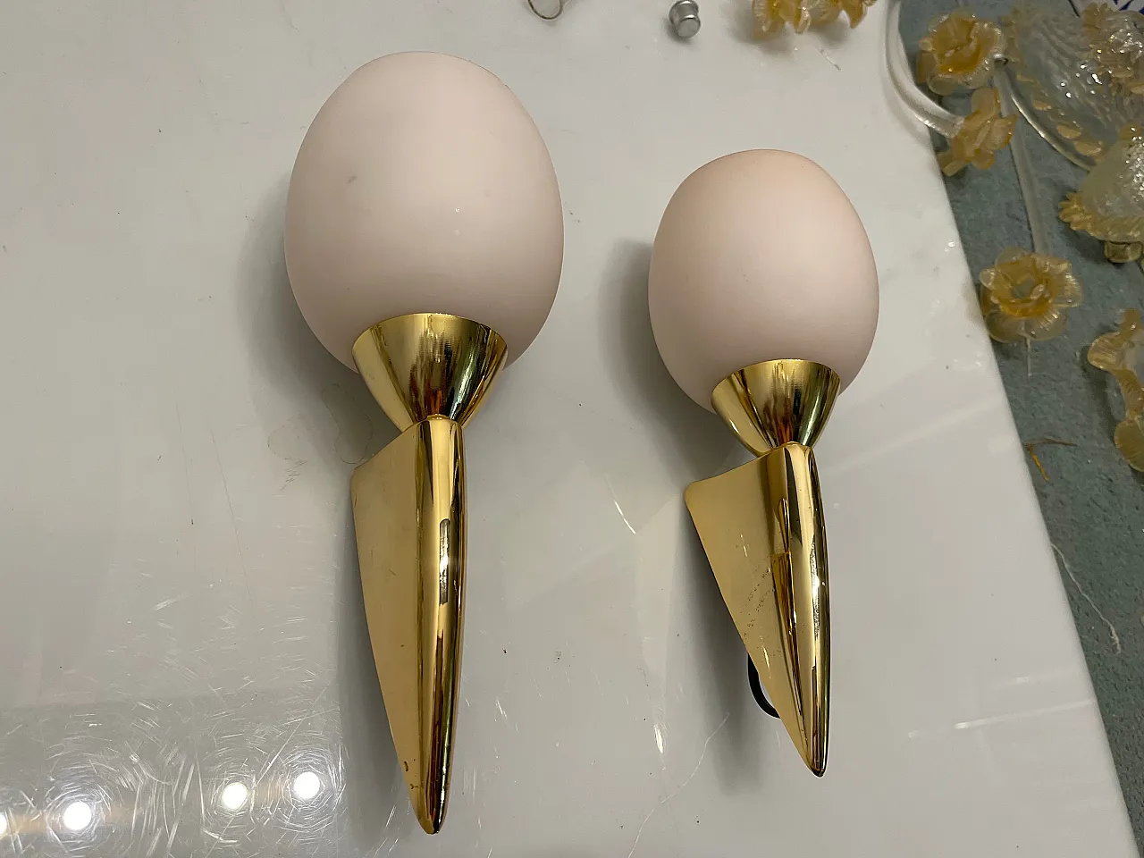 Pink Opaline Glass Brass Notice, 1960s, Set of 2 3