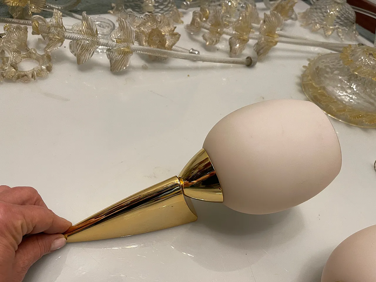 Pink Opaline Glass Brass Notice, 1960s, Set of 2 5