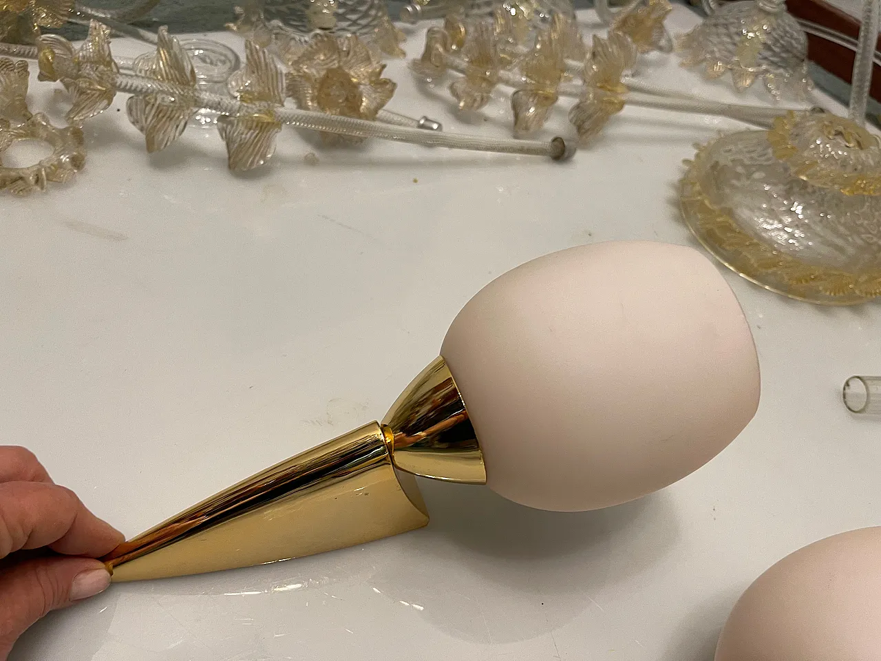 Pink Opaline Glass Brass Notice, 1960s, Set of 2 6