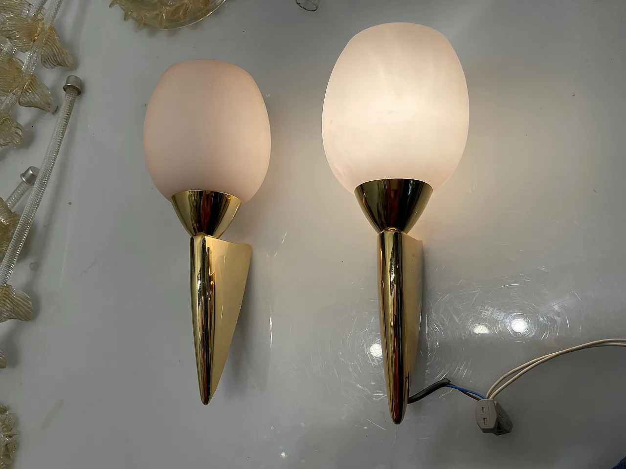 Pink Opaline Glass Brass Notice, 1960s, Set of 2 7