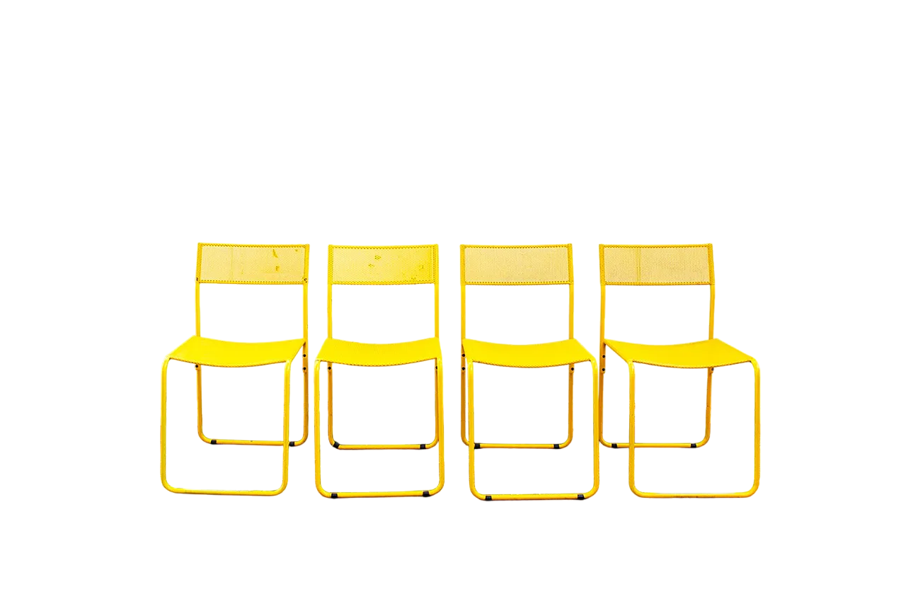 4 Sedie in metallo perforato gialle di Flyline, anni '70 8
