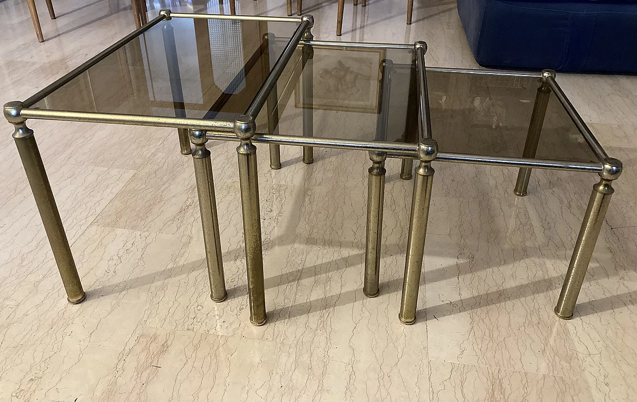 Set of 3 glass and brass side tables, 1970s 3
