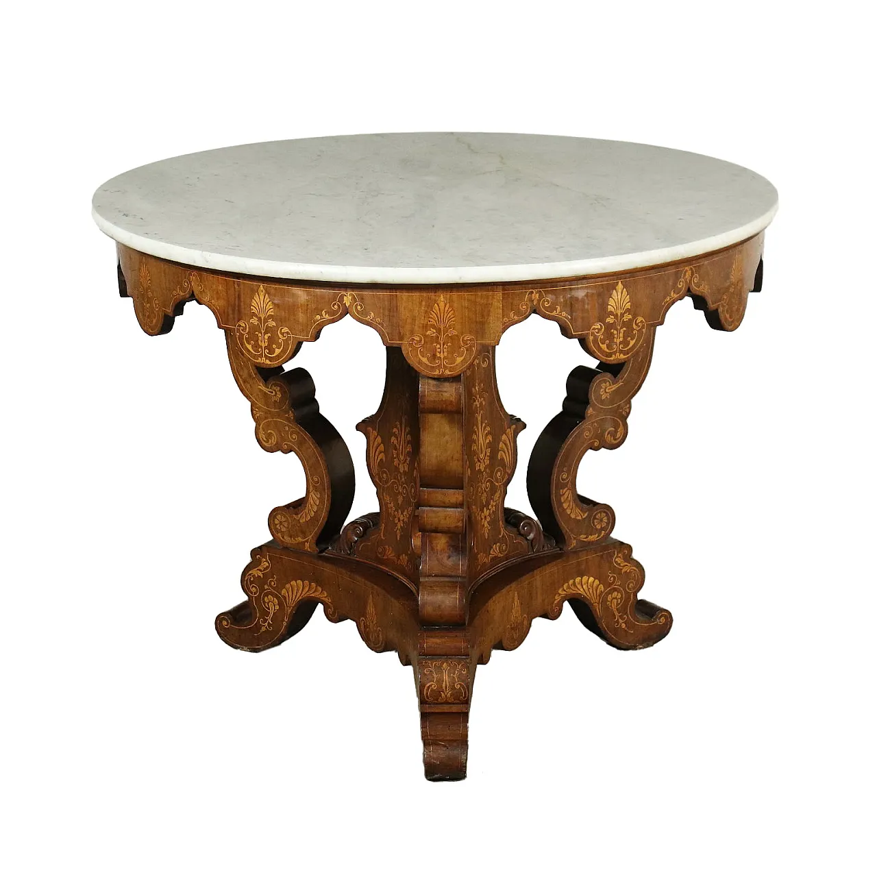 Charles X round side table in maple inlaid walnut with marble top, 19th century 1