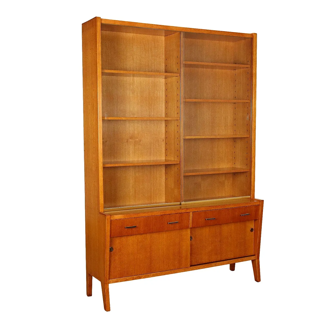 Oak veneered bookcase with sliding glass doors, 1950s 1