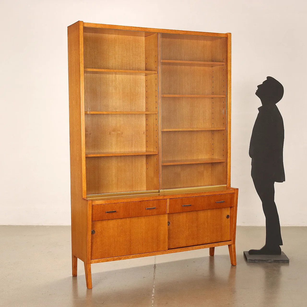 Oak veneered bookcase with sliding glass doors, 1950s 2