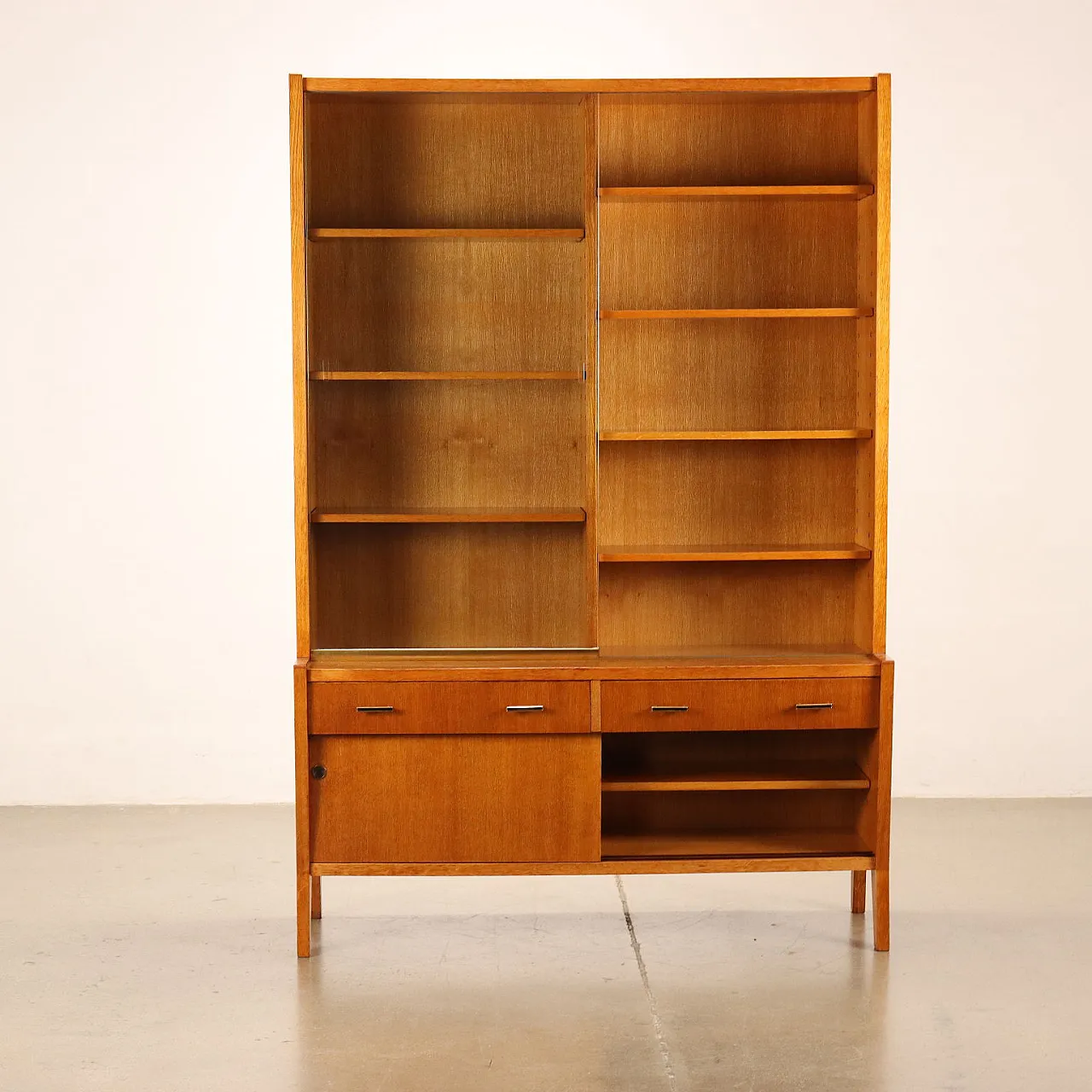 Oak veneered bookcase with sliding glass doors, 1950s 3
