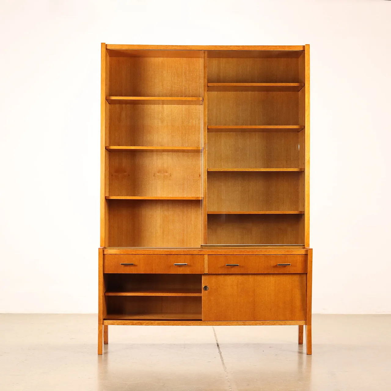 Oak veneered bookcase with sliding glass doors, 1950s 4