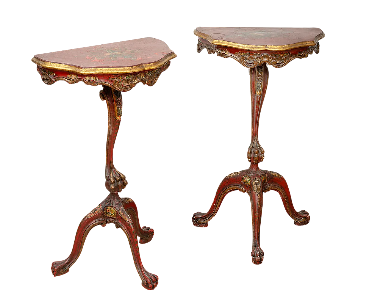 Pair of demi console moons in lacquered wood and painted, 19th century 7