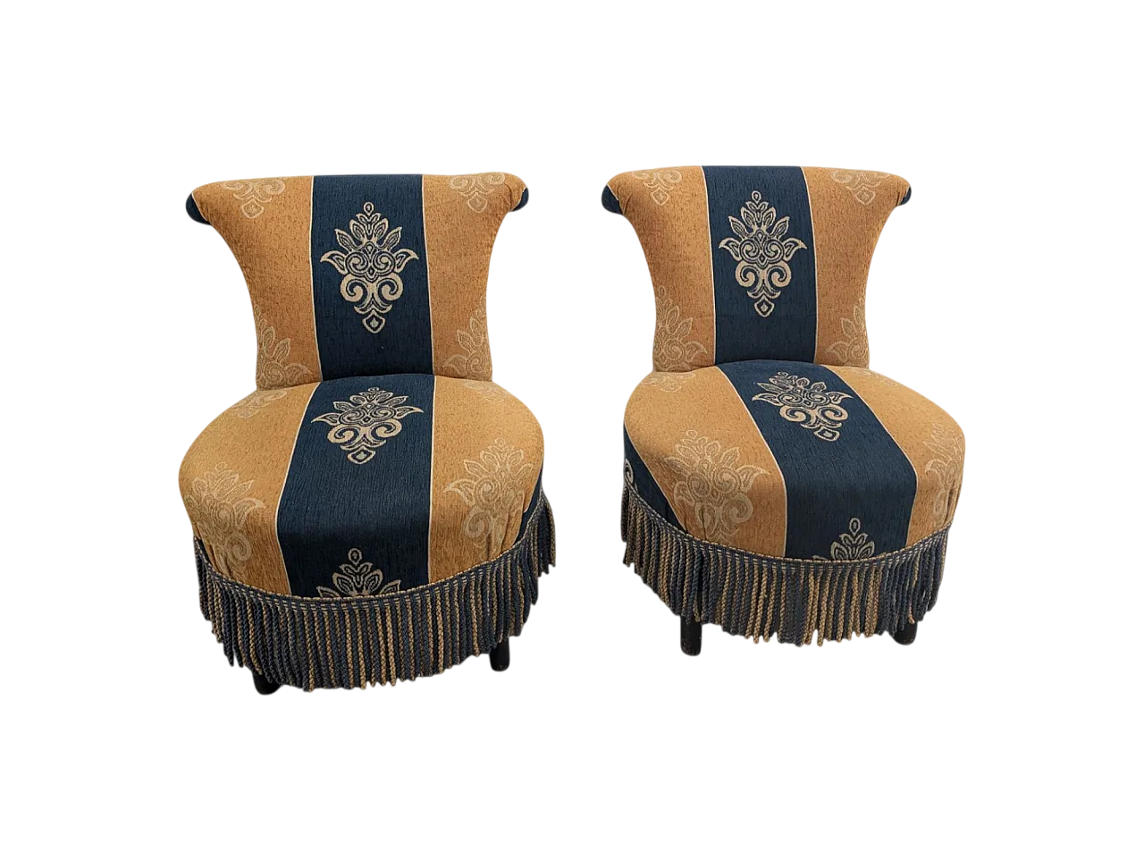 Coppia di poltroncine in tessuto giallo senape e blu, anni 50 8