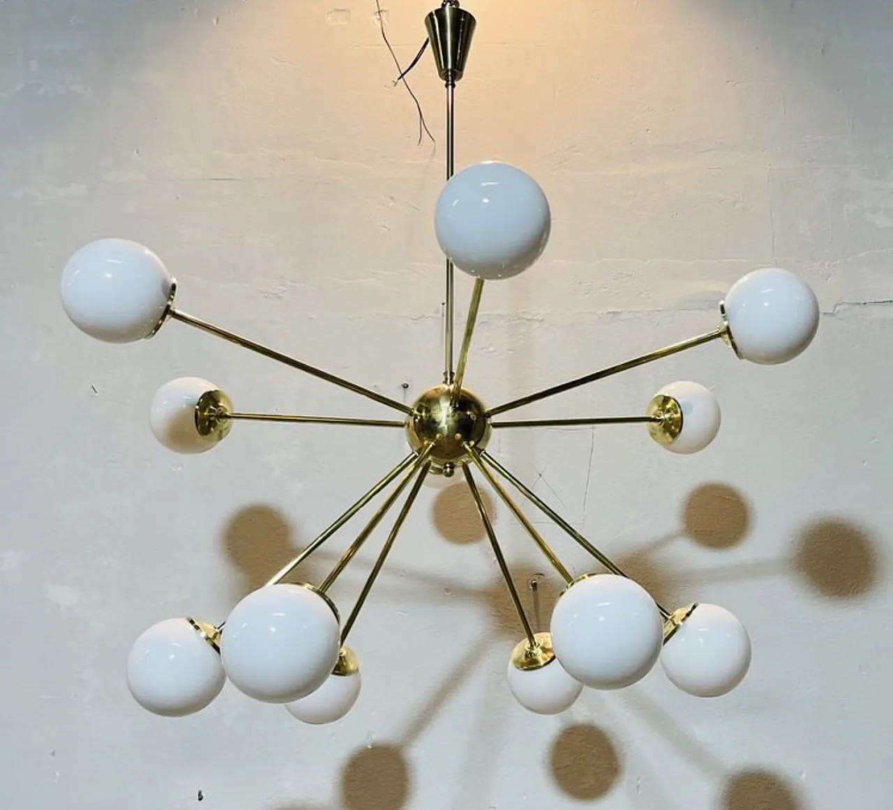 Sputnik Chandelier brass and opaline glass, 70s 1
