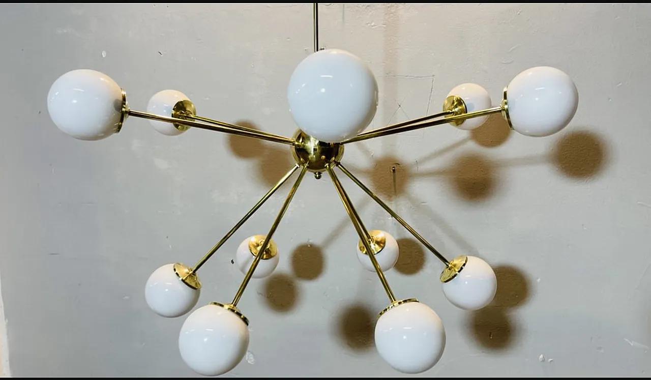 Sputnik Chandelier brass and opaline glass, 70s 2