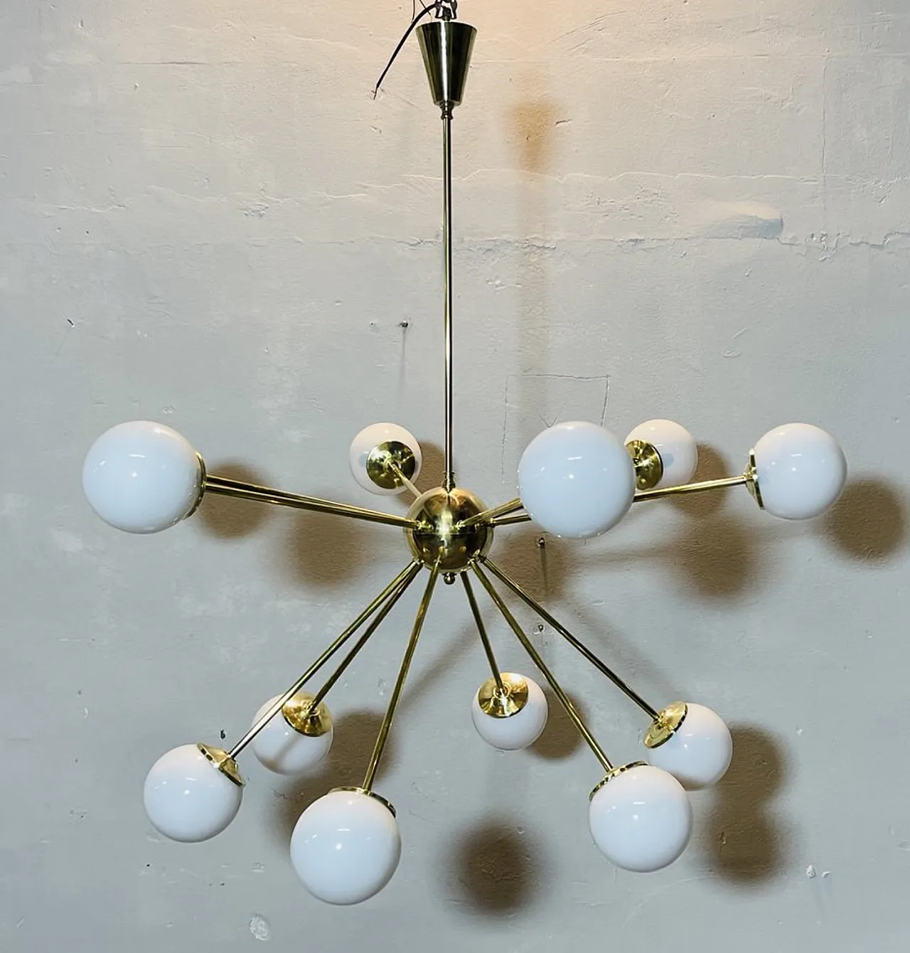 Sputnik Chandelier brass and opaline glass, 70s 3
