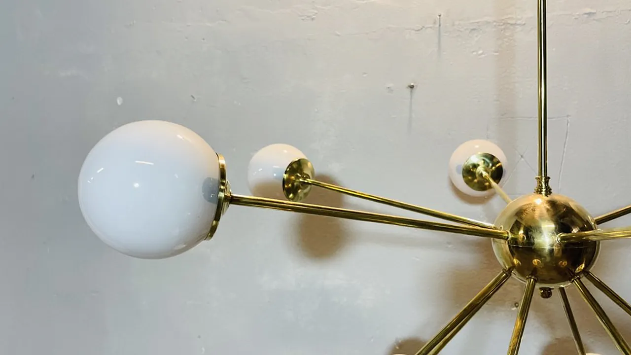 Sputnik Chandelier brass and opaline glass, 70s 4