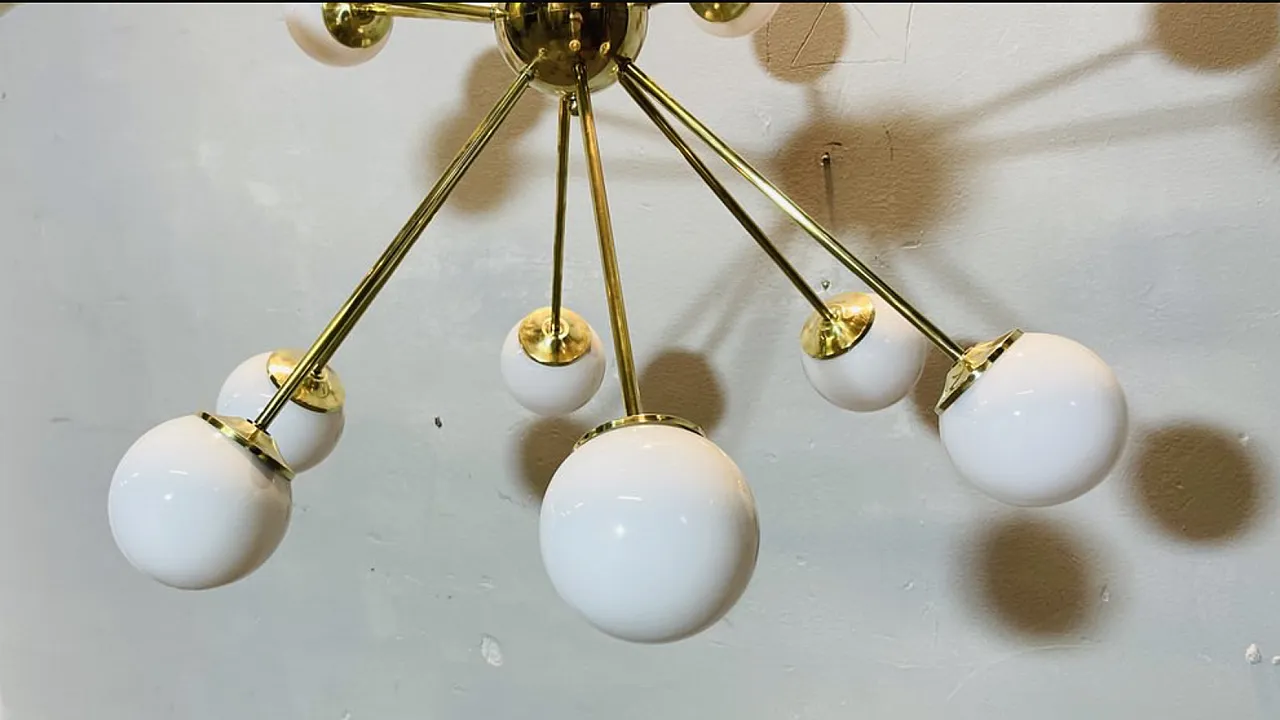 Sputnik Chandelier brass and opaline glass, 70s 6