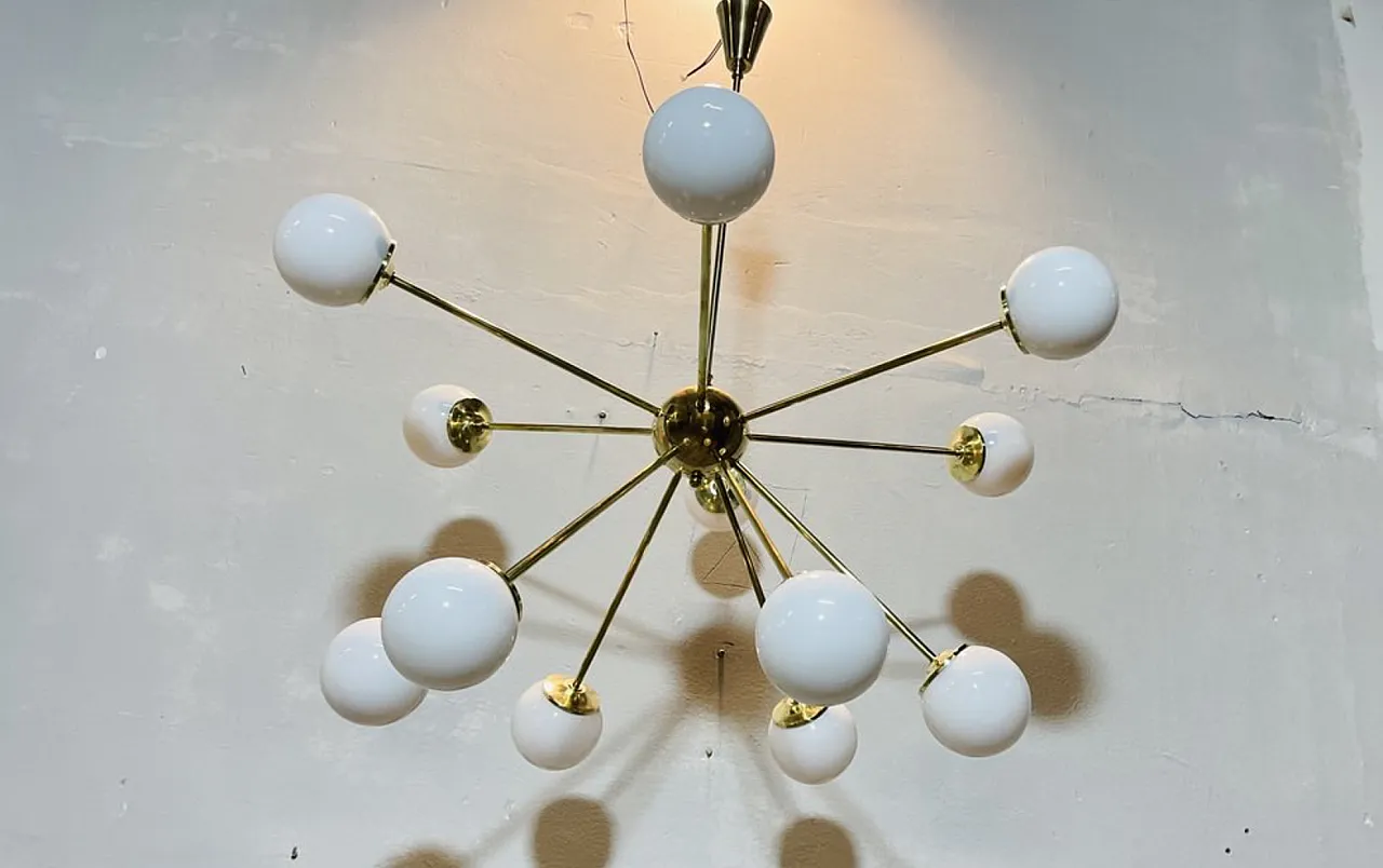 Sputnik Chandelier brass and opaline glass, 70s 7
