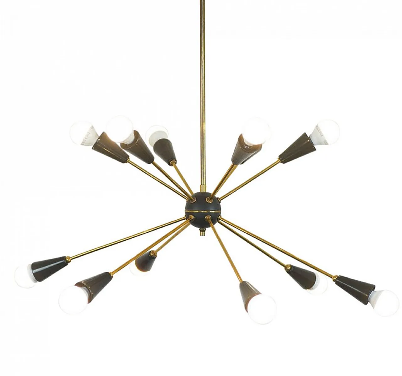 Lampadario Sputnik con 10 punti luce in ottone e coni nero, anni '60 1