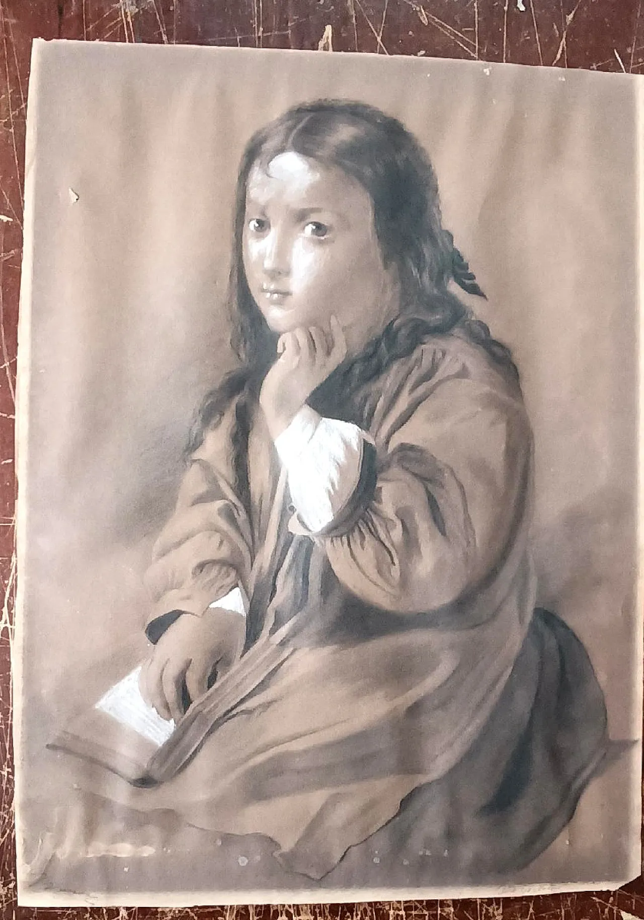 Female Portrait by Borsa, charcoal and pencil drawing, 19th century 1