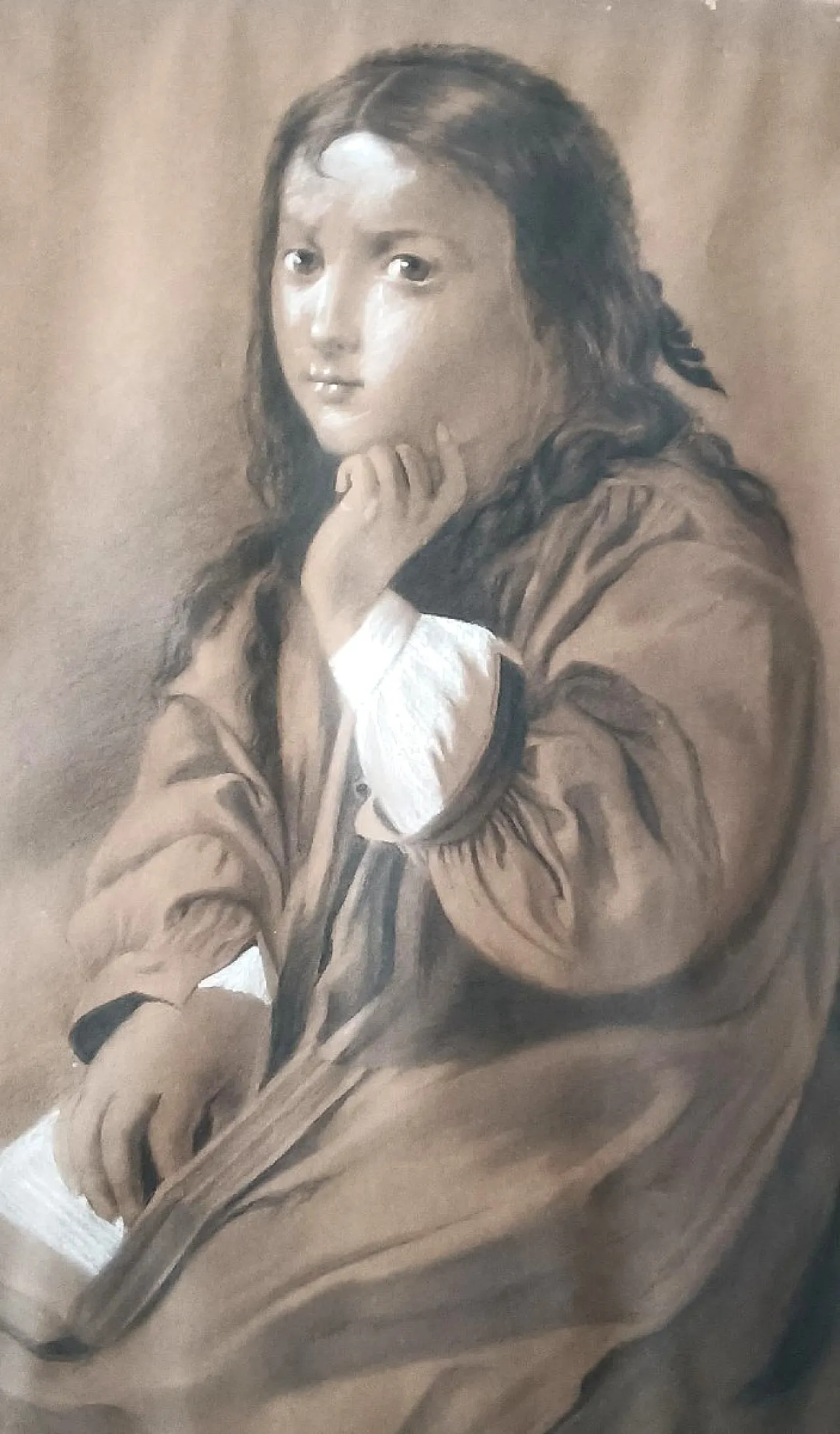 Female Portrait by Borsa, charcoal and pencil drawing, 19th century 9
