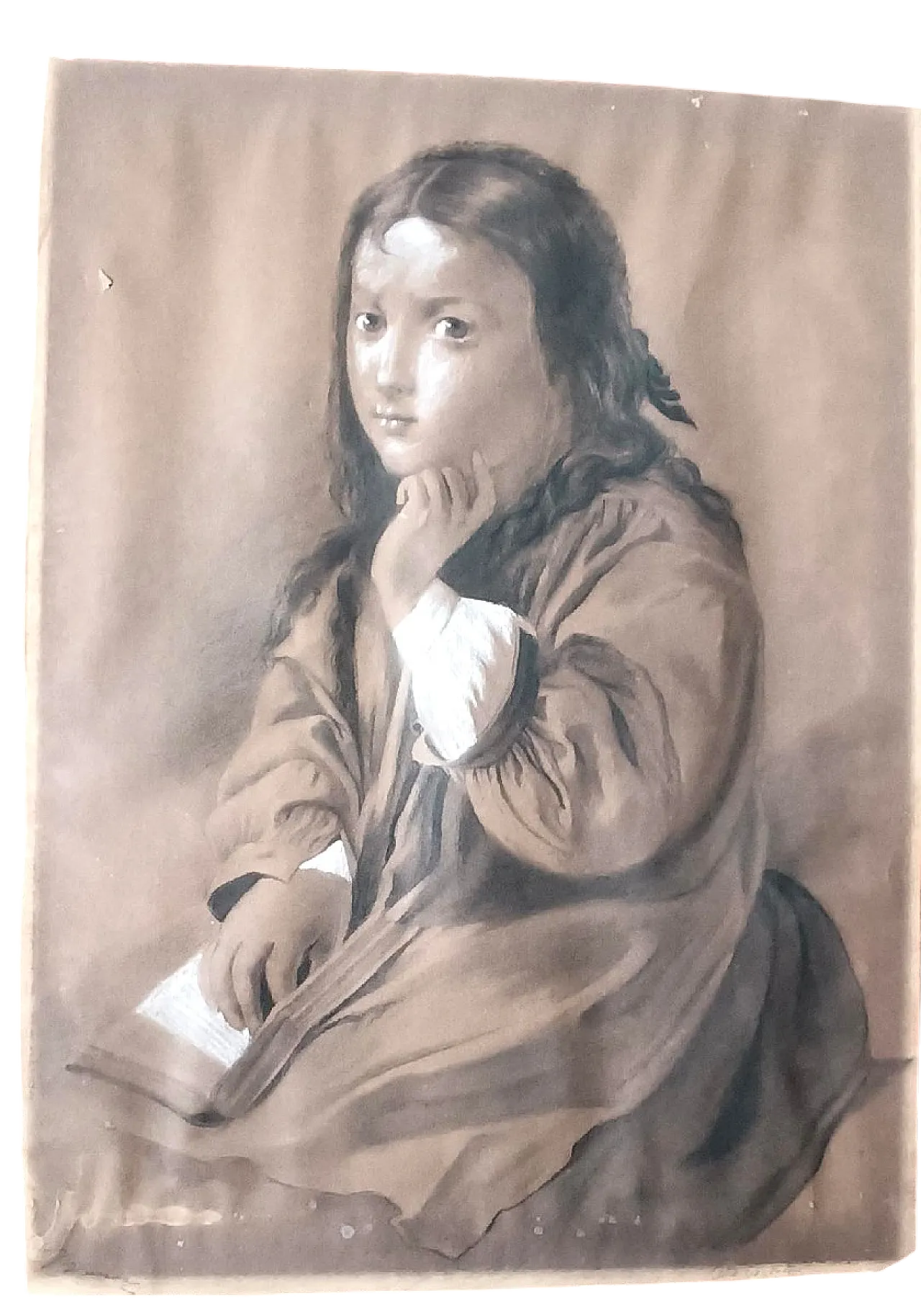 Female Portrait by Borsa, charcoal and pencil drawing, 19th century 10
