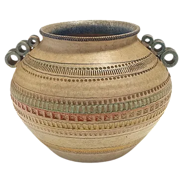 Modeled and Beige Hand-Painted Earthenware Vase by Italica Ars, Florence, Italy