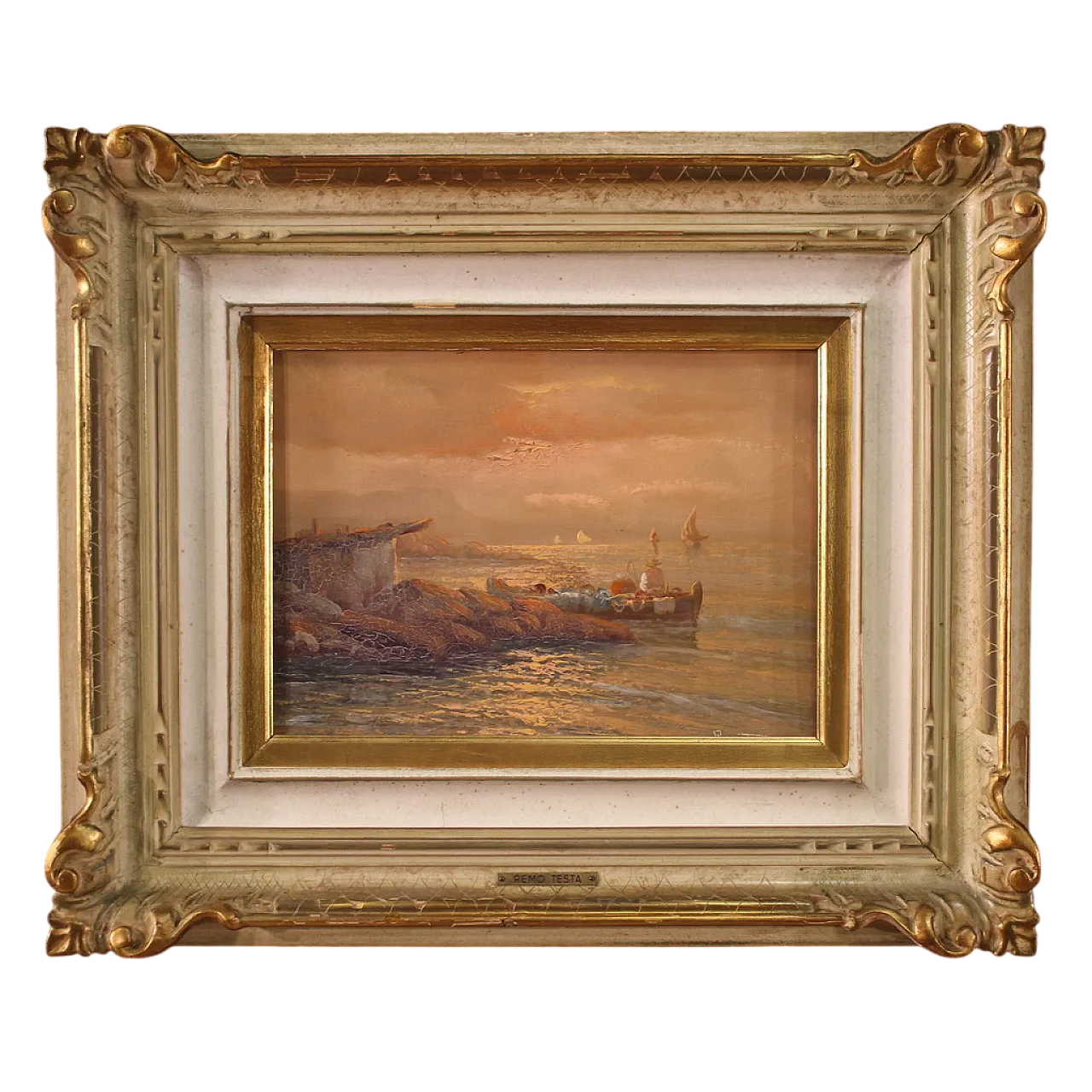 Remo Testa, Pescatori al tramonto, olio su tela firmato, '900 16