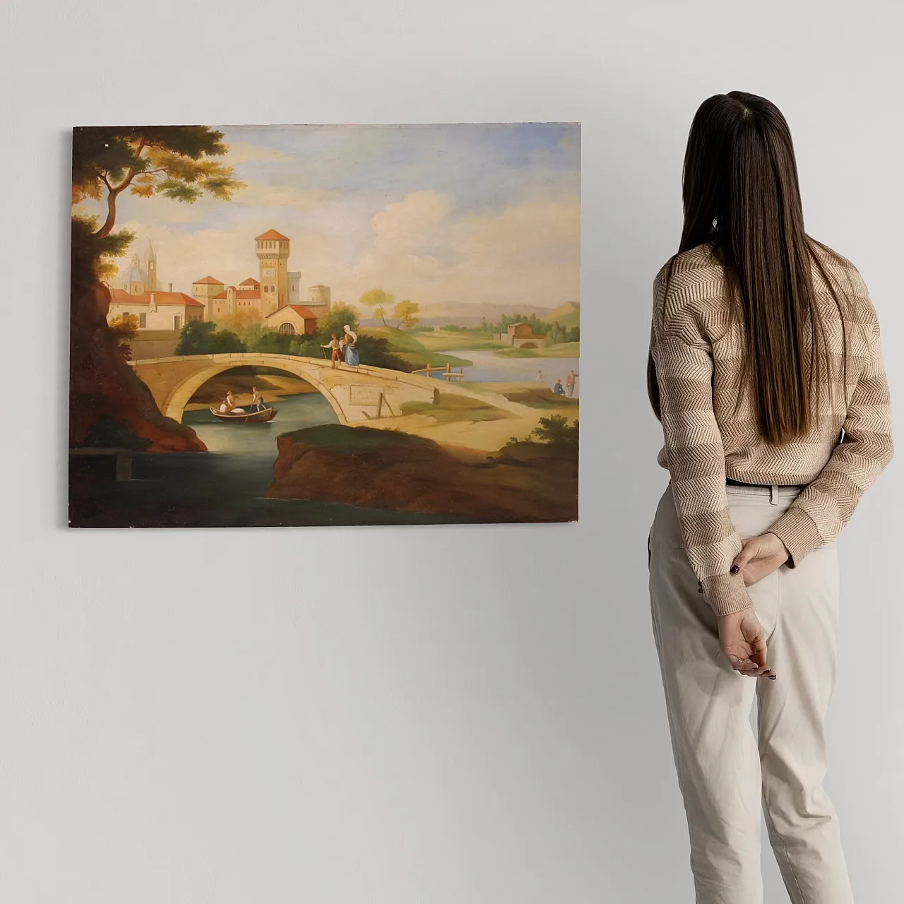 Paesaggio con figure, stile rinascimentale, olio su tela, '900 3