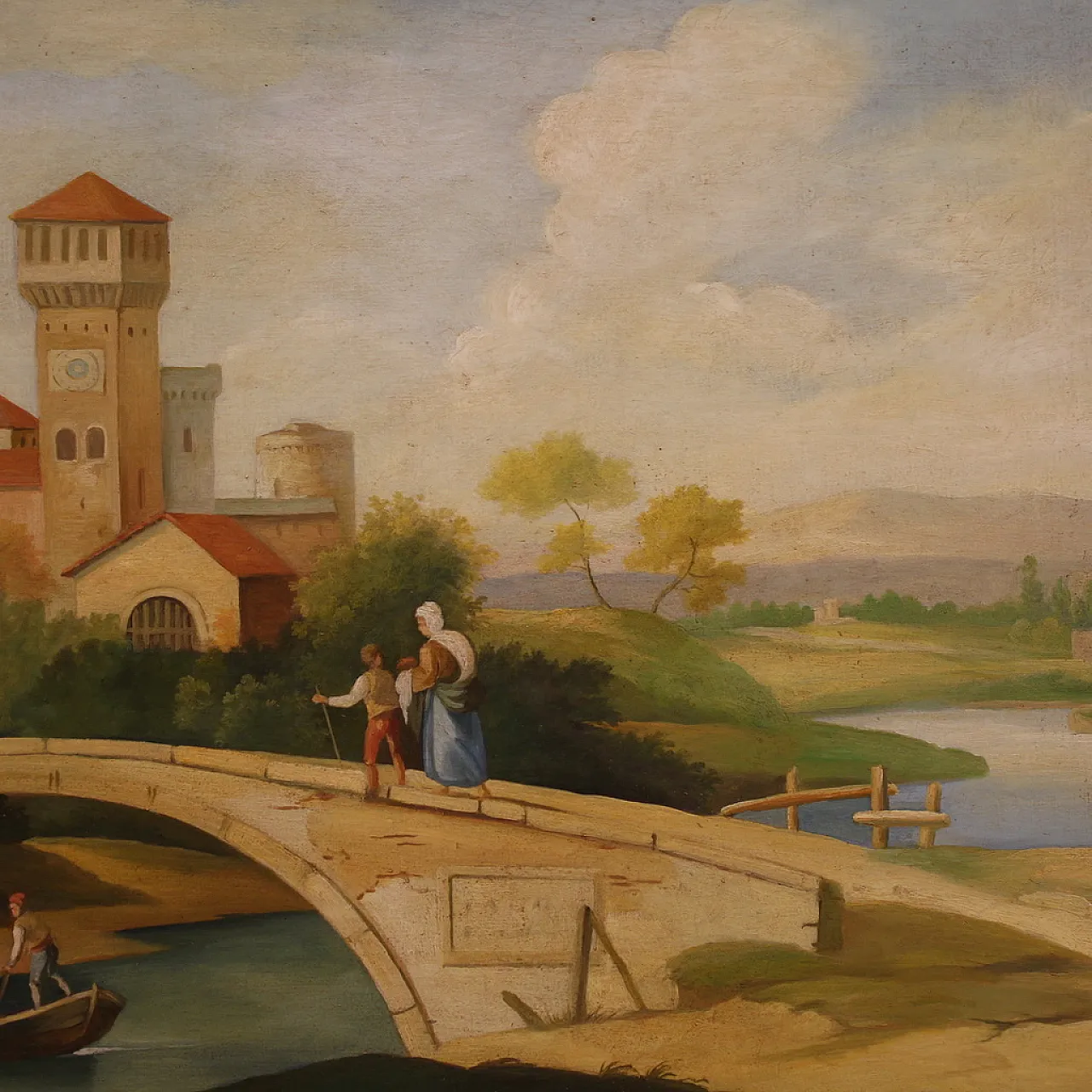 Paesaggio con figure, stile rinascimentale, olio su tela, '900 5