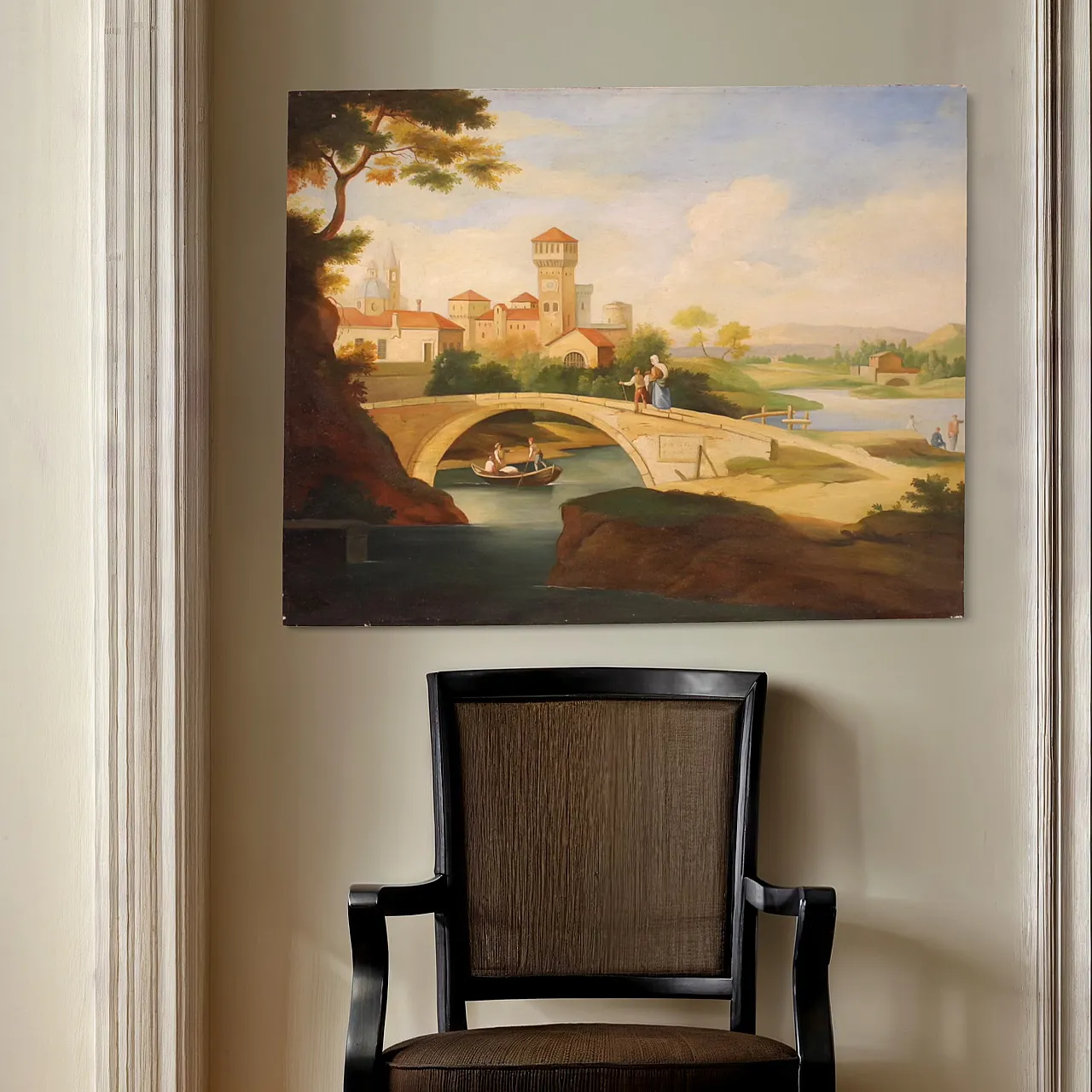 Paesaggio con figure, stile rinascimentale, olio su tela, '900 6