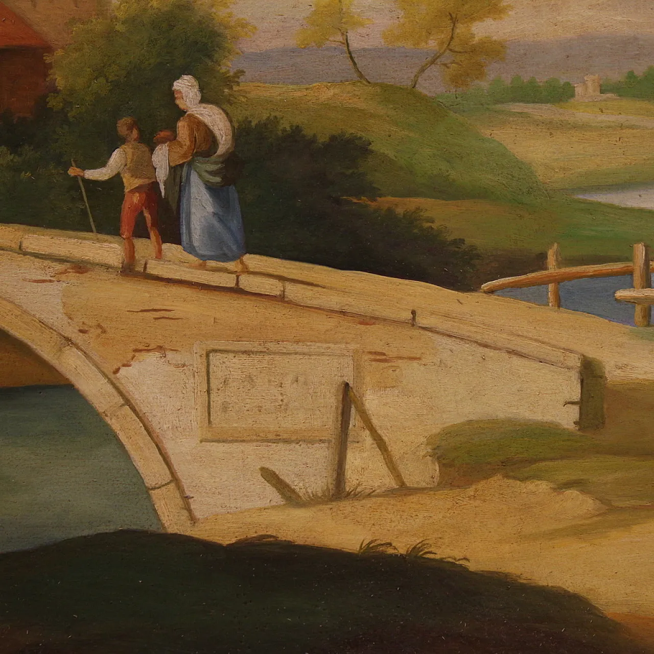 Paesaggio con figure, stile rinascimentale, olio su tela, '900 10