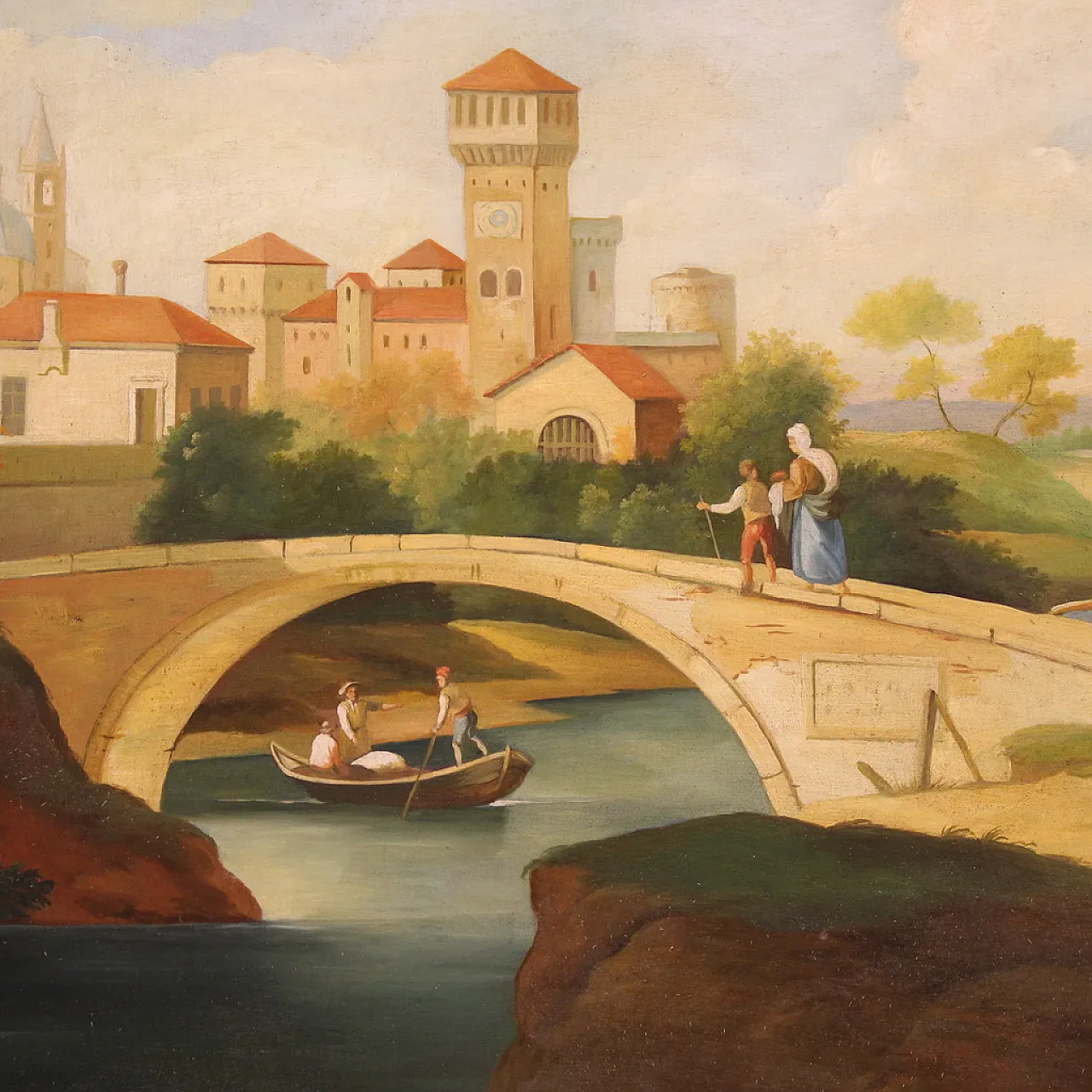 Paesaggio con figure, stile rinascimentale, olio su tela, '900 12