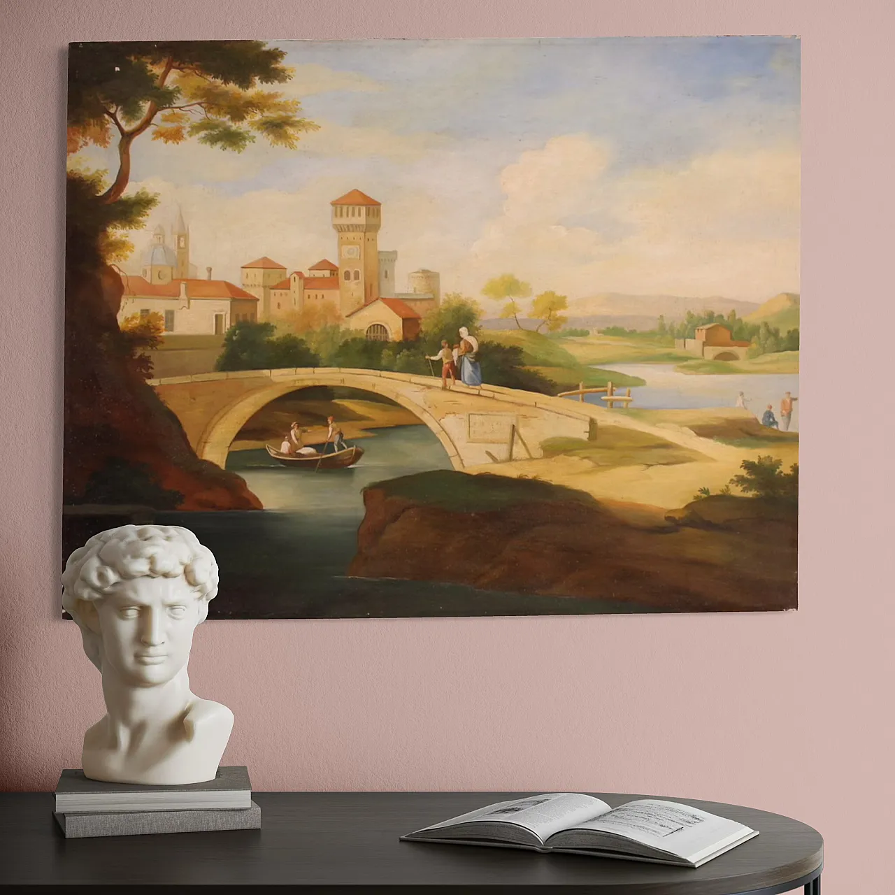 Paesaggio con figure, stile rinascimentale, olio su tela, '900 13