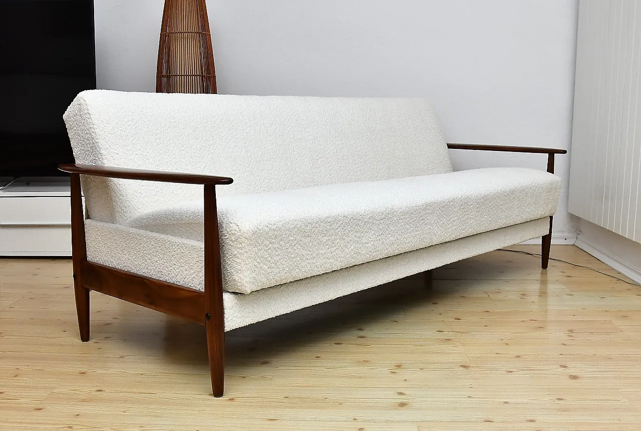 Scandinavian foldable Teak sofa in creamy white Bouclé, 1960s 1