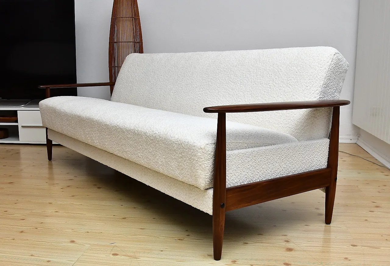Scandinavian foldable Teak sofa in creamy white Bouclé, 1960s 2