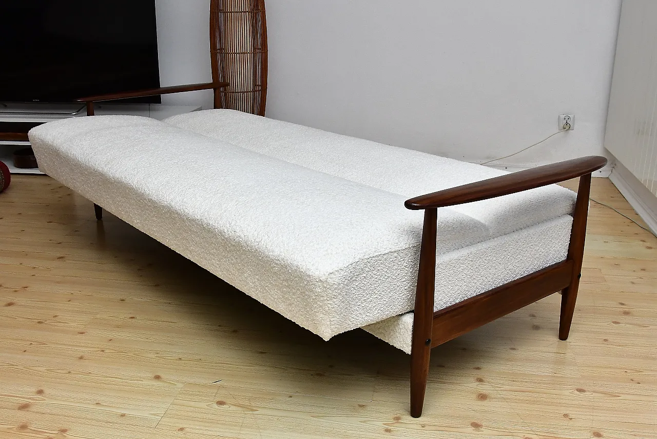 Scandinavian foldable Teak sofa in creamy white Bouclé, 1960s 9
