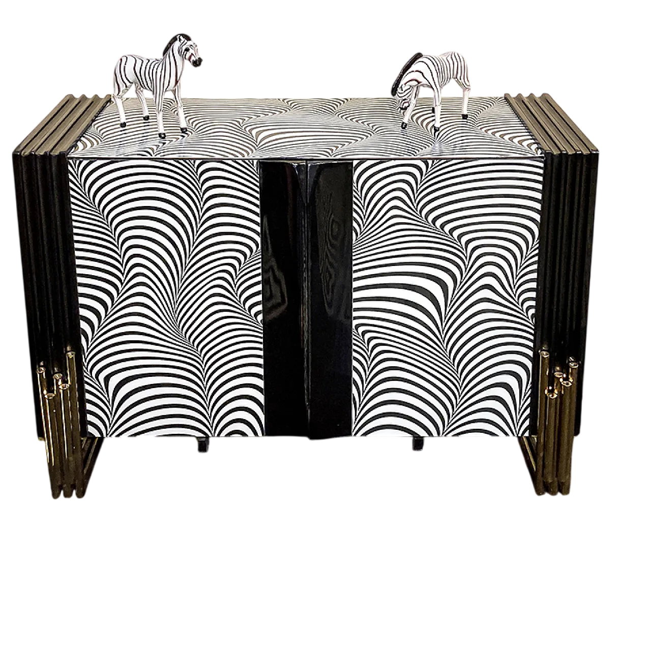 Credenza due ante con vetro a strisce d’onda bianche e nere, anni '90 7