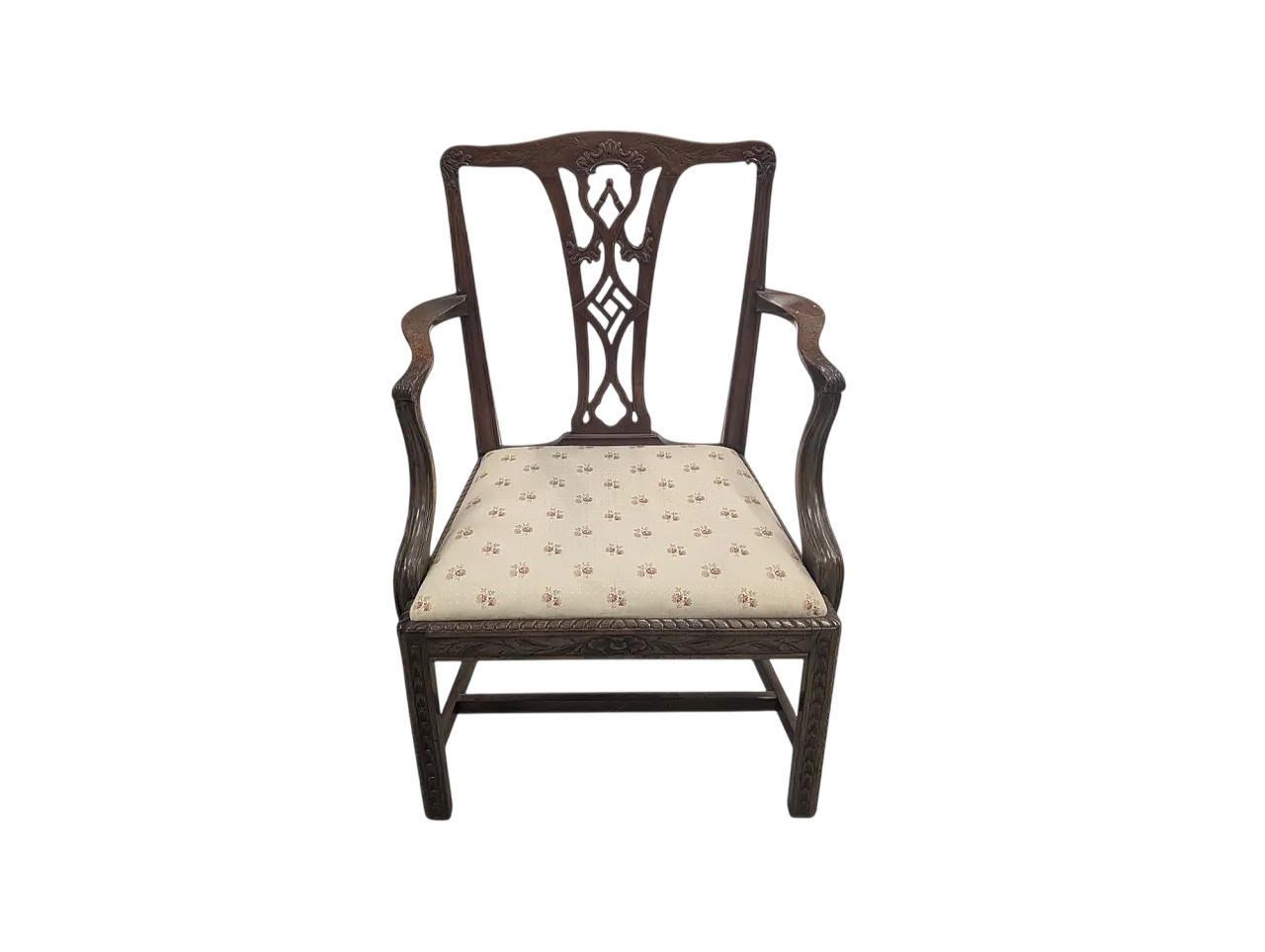 Poltroncina in legno di noce e tessuto in stile fine XVIII secolo 9