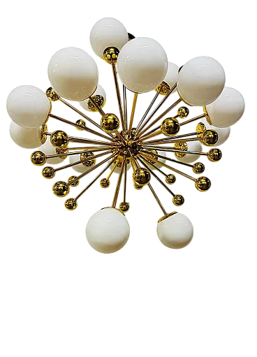 Sputnik vintage chandelier in brass and opal glass, Italy, 70s