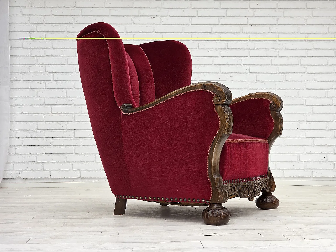 Danish relax chair, cherry-red velour, oak wood, 1960s 1