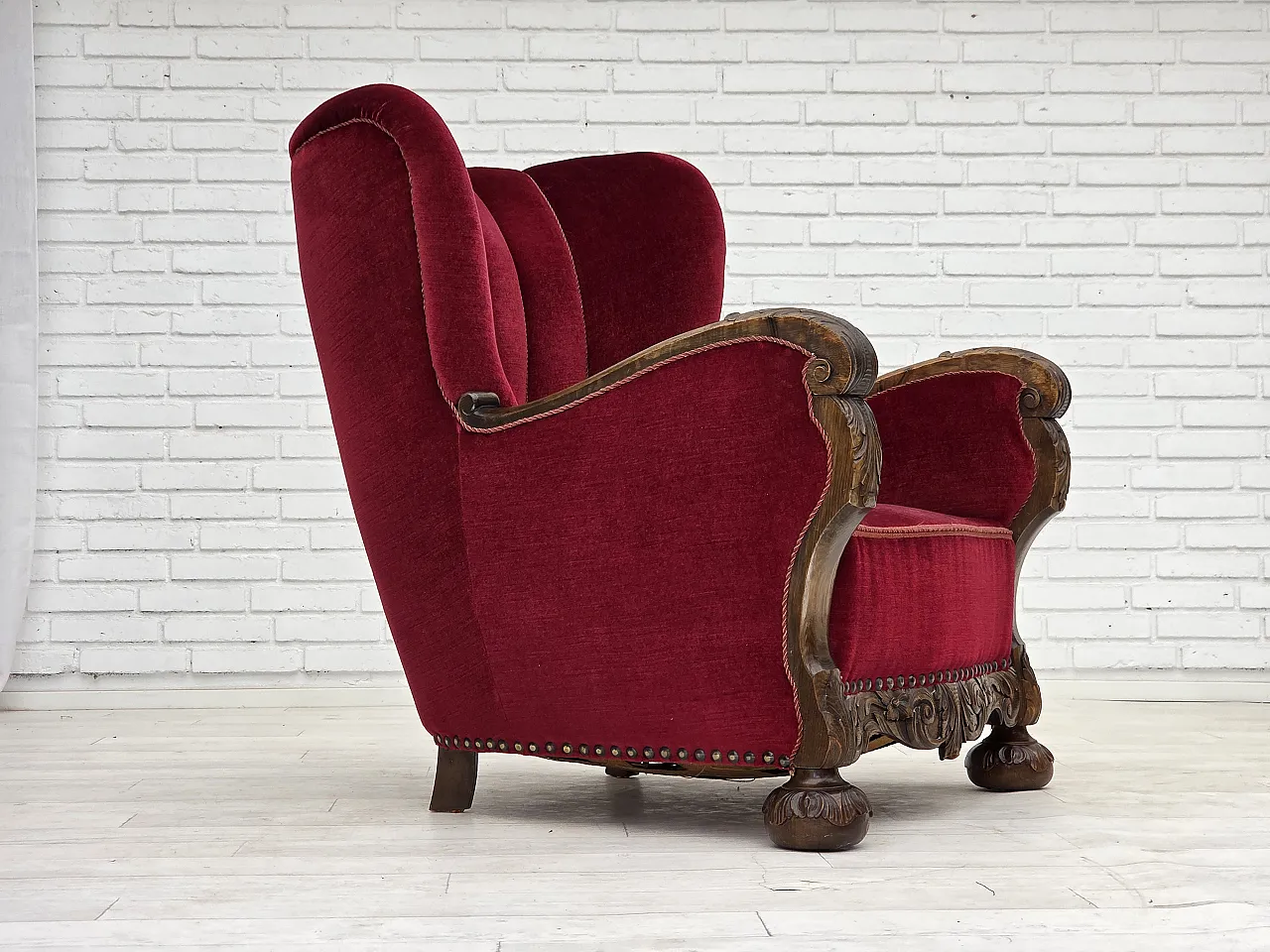 Danish relax chair, cherry-red velour, oak wood, 1960s 2