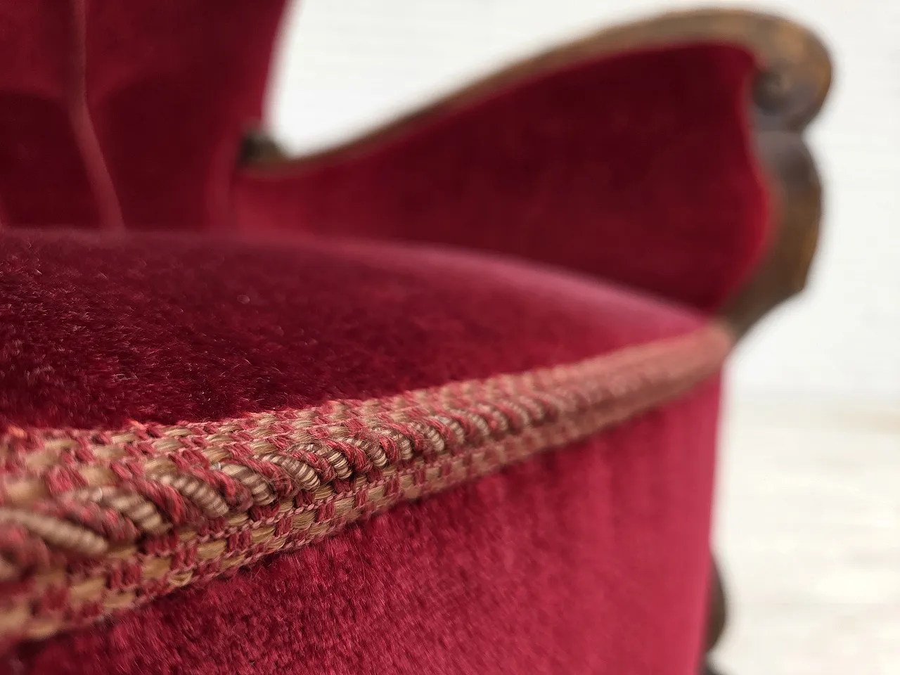 Danish relax chair, cherry-red velour, oak wood, 1960s 3