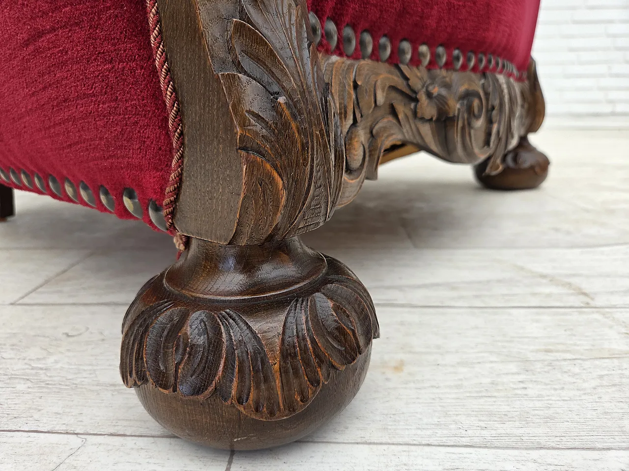 Danish relax chair, cherry-red velour, oak wood, 1960s 4