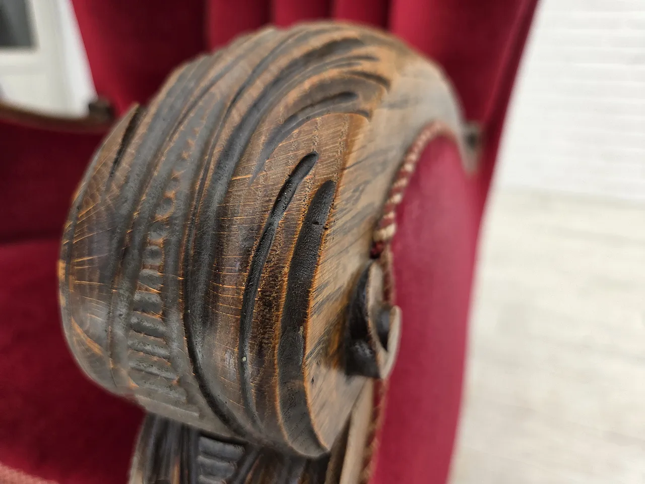 Danish relax chair, cherry-red velour, oak wood, 1960s 6