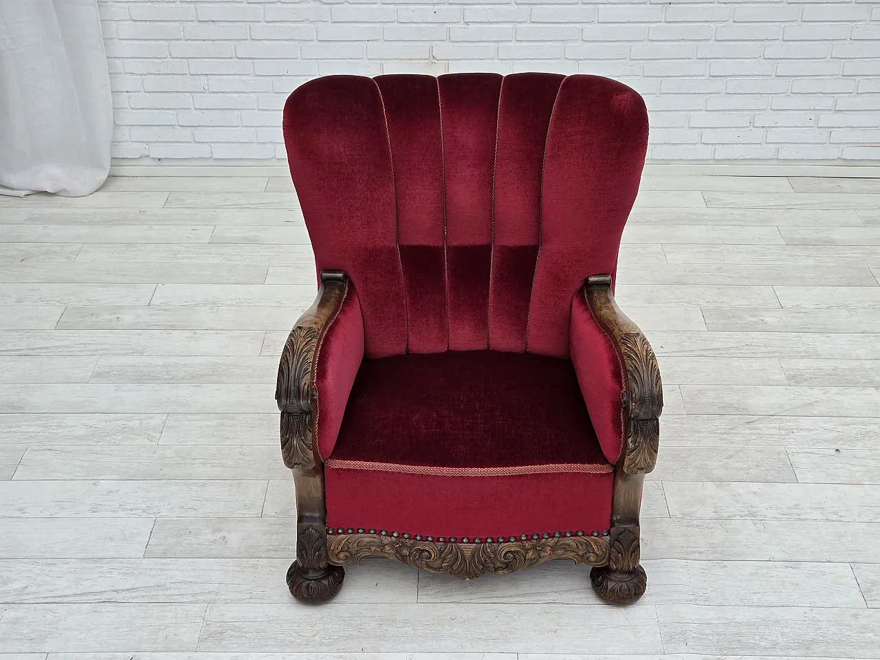 Danish relax chair, cherry-red velour, oak wood, 1960s 7