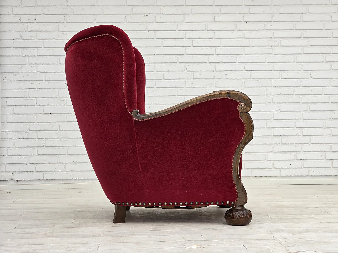 Danish relax chair, cherry-red velour, oak wood, 1960s 8